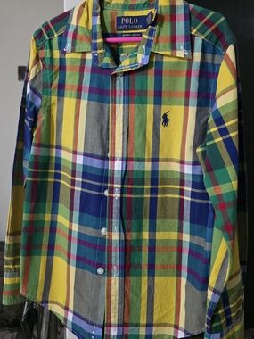 Ralph Lauren Yellow Green Blue Multi-Color Plaid Button-Down Shirt